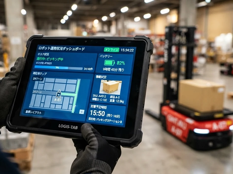 タブレットに表示されたロボット稼働状況のダッシュボード