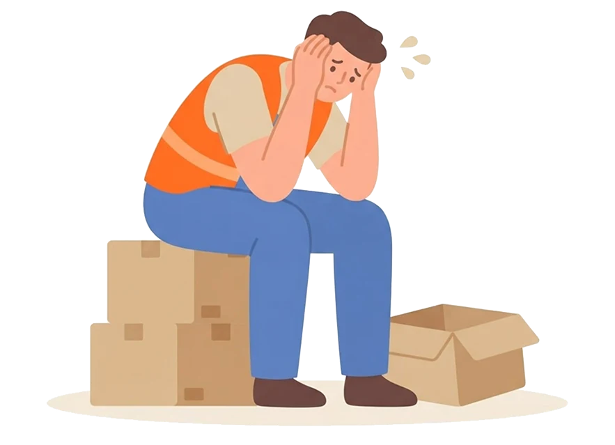 段ボールに腰掛け、疲れた表情を見せる倉庫作業員のイラスト